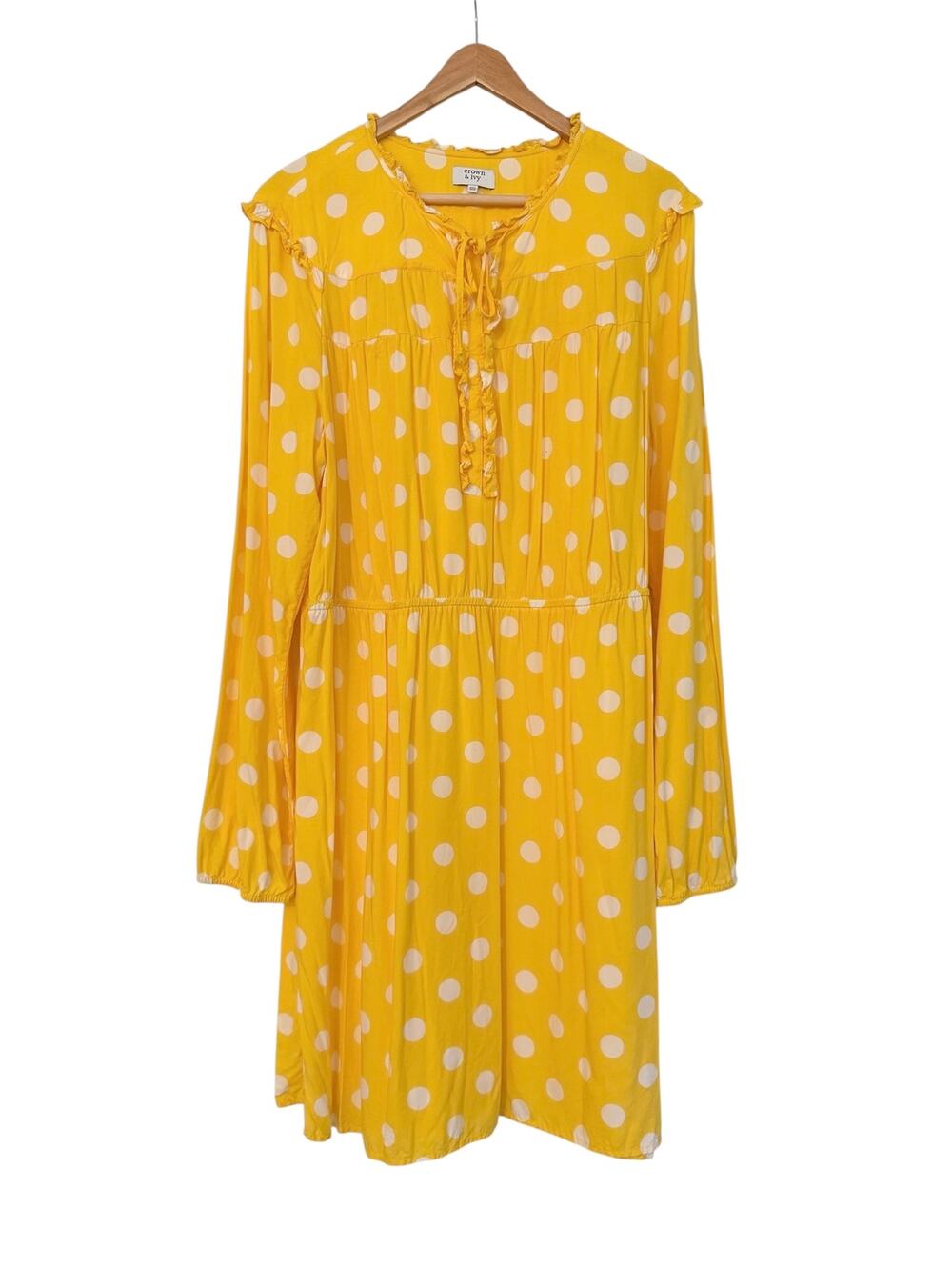 Crown & Ivy Yellow White Polka Dot Ruffle Tie Neck Boho Midi Dress XXL